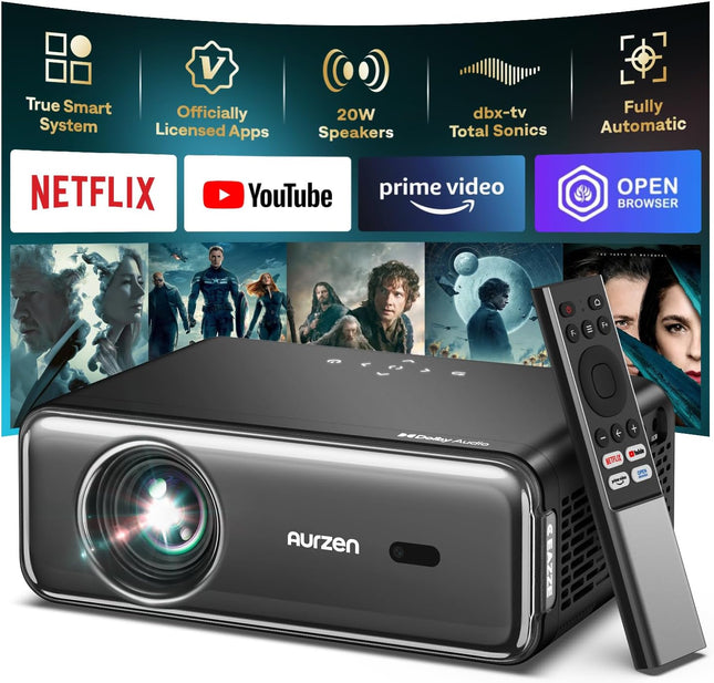 Aurzen Smart Projector 4K Supported, Netflix Official with WiFi and Bluetooth, 2
