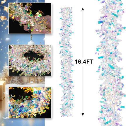 Christmas Tinsel Garland with Lights Iridescent Metallic Foil Garland 16.4FT USB