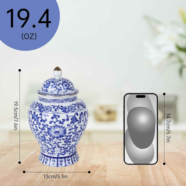 Chinoiserie Ginger Jar,7.6 Inch Ceramic Bule and White Ginger Jar w/Lid,Porcelai