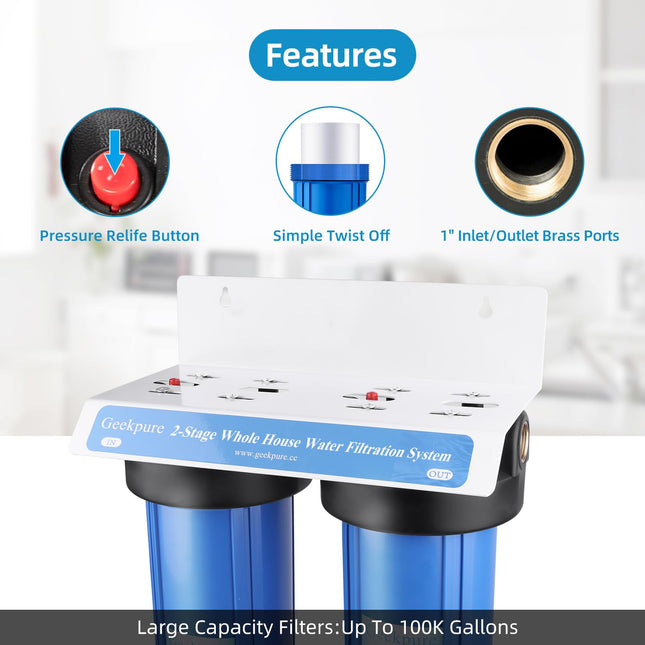 Geekpure 2 Stage Whole House Water Filter System with 10 Inch Blue Housing - 4.5