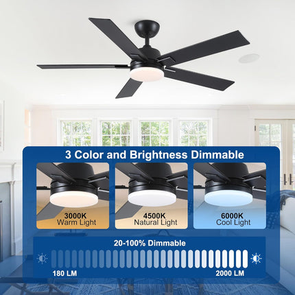 52 Inch Ceiling Fans with Lights and Remote, Black Ceiling Fan with 5 Blades, 6