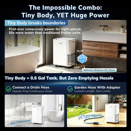 AEOCKY 50 Pint Compressor Dehumidifier for up to 3000 Sq Ft, Quiet with Drain Hose, Timer & Child Lock, Grey