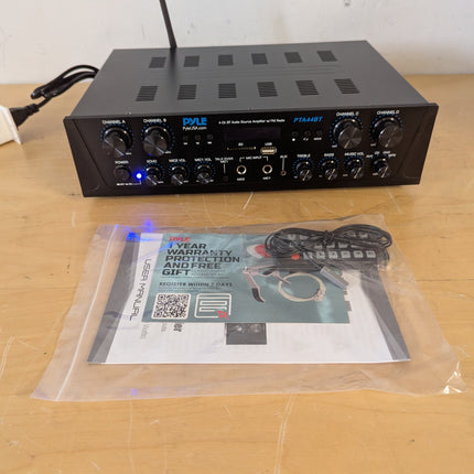 Pyle 500W Karaoke Wireless Bluetooth Amplifier, 4-Channel Stereo Home Theater Amp with USB, SD, FM Radio & Remote, Black