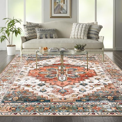 Aopota Washable Area Rug - 8x10, Low Pile, Distressed Boho, Non-Slip, Ultra-Thin