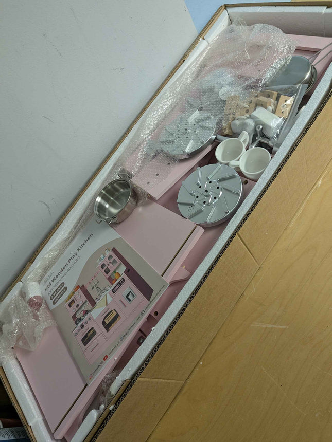 Wooden Play Kitchen for Toddlers and Kids with Lights & Sounds, Large Interactive Pretend Play Set with Ice Maker, Stove, Sink, Oven, 12 Accessories - Ages 3-8 https://a.co/d/09bJUPDg