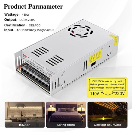 Taormey 24V 20A Power Supply Adapter, AC 110V/220V to DC 24V 20A 480W Converter