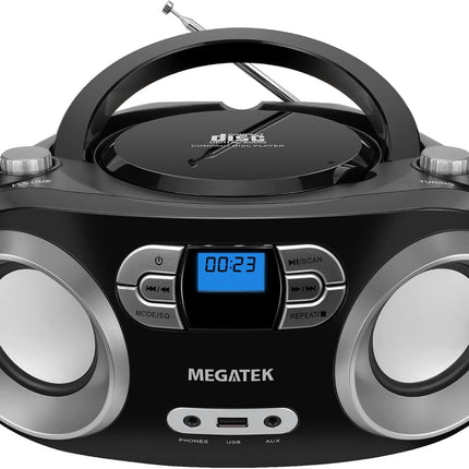MEGATEK Portable CD Boombox with FM Stereo Radio, Bluetooth, USB Port, and Backl