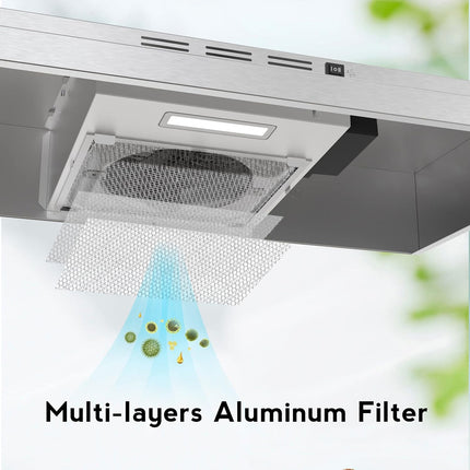 FIREGAS Range Hood 30 Inch Under Cabinet, Ducted/Ductless Convertible Stainless
