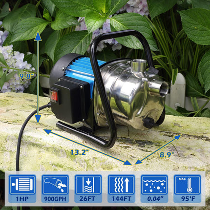 FLUENTPOWER 1HP Portable Garden Transfer Pump, 900 GPH Electric Sprinkler Booster with 13 ft Suction Hose Kit
