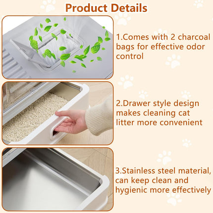 ELEGX Odor-Control Stainless Steel Cat Litter Box,XL Large 4-in-1 Cat Metal Litt
