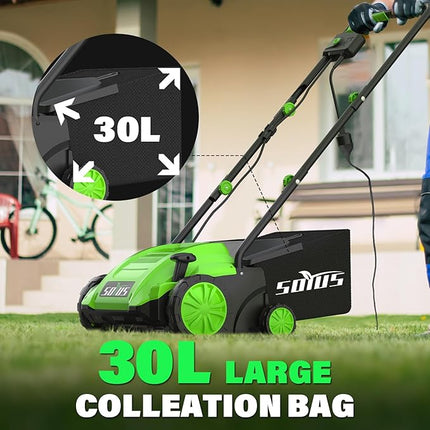 SOYUS Electric Dethatcher and Scarifier with 30L Collection Bag, 13-Inch 12 Amp