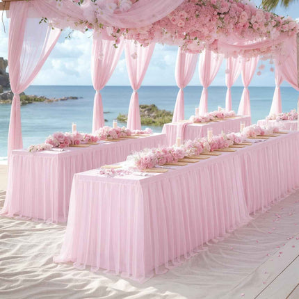 2 Pack Pink Table Cloth for 6 Foot Rectangle Tables, Pink Tulle Table Skirt Stre