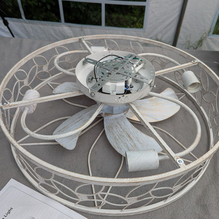 LEDIARY 23 Inch Caged Ceiling Fans with Lights, White Flush Mount Ceiling Fan wi