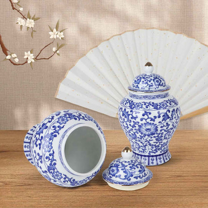 Chinoiserie Ginger Jar,7.6 Inch Ceramic Bule and White Ginger Jar w/Lid,Porcelai
