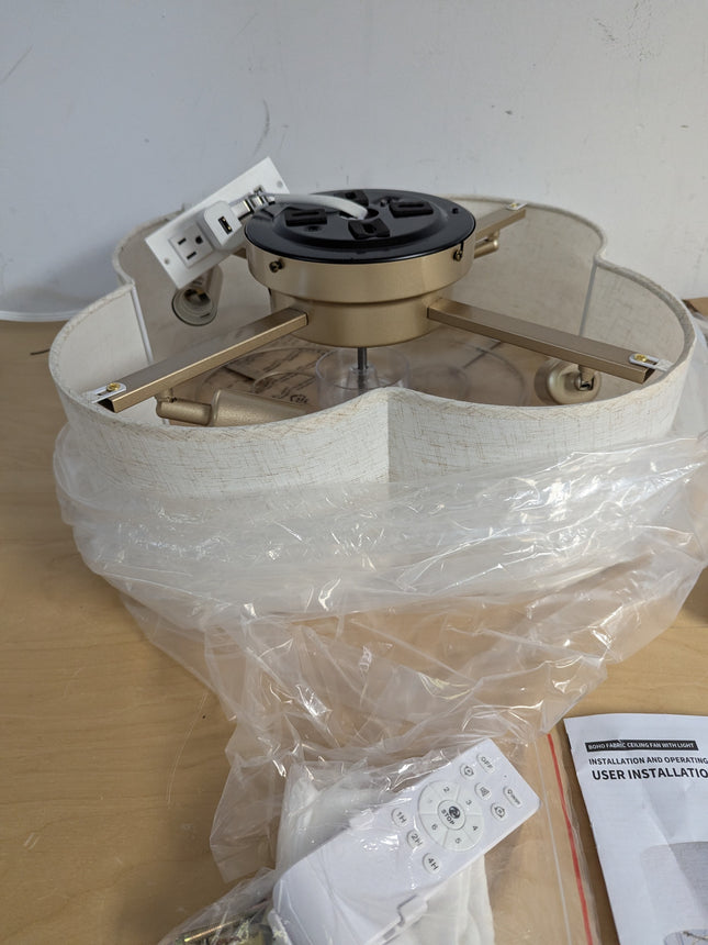 20" Boho Ceiling Fan with Light, Rattan Caged Flush Mount Ceiling Fan with Light