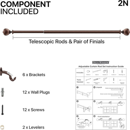 Deco Window 2 Pcs 52"-144" Extendable Curtain Rod with Brackets for Door & Windo