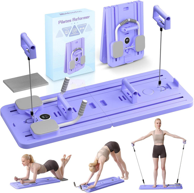 Mosdos Foldable Portable Pilates Reformer, Auto-Rebound Core Trainer for Home Gym, 50+ Exercises, 300 lb, Purple