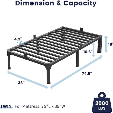 Superay Twin Bed Frame with Mattress Slide Stopper, 18 Inch Metal Platform Bed Frame, Heavy Duty Tall Bed Frame No Box Spring Needed with Large Storage Space, Easy Assembly, Noise Free https://a.co/d/06tf71sS