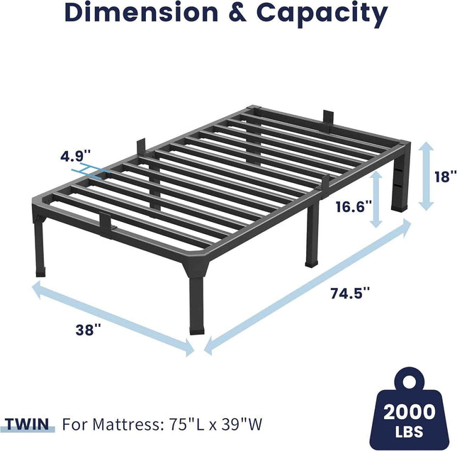 Superay Twin Bed Frame with Mattress Slide Stopper, 18 Inch Metal Platform Bed Frame, Heavy Duty Tall Bed Frame No Box Spring Needed with Large Storage Space, Easy Assembly, Noise Free https://a.co/d/06tf71sS