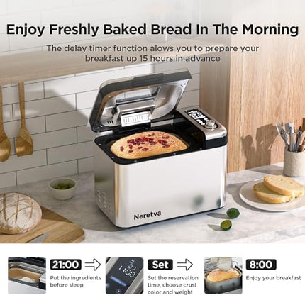FAULTY Neretva Bread Maker, 3.3LB Larger Bread Machine 15-in-1 Stainless Steel &