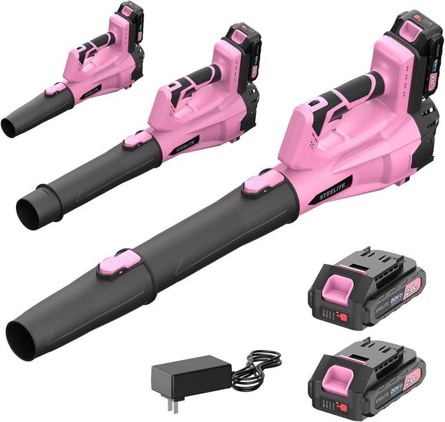 STEELITE 21V Cordless Leaf Blower, 150 MPH 600 CFM Airflow, 6-Speed, Lightweight 3.2 lb with 2 Batteries & Charger, Pink