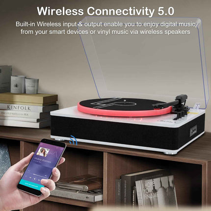LP&No.1 Record Player with Built-in Stereo Speakers, LED Control, 3-Speed Belt-D