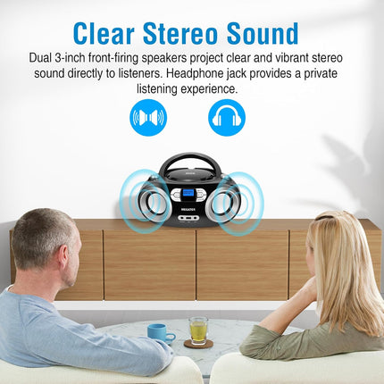 MEGATEK Portable CD Boombox with FM Stereo Radio, Bluetooth, USB Port, and Backl