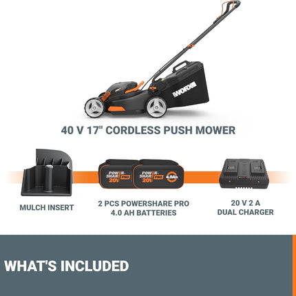 Worx WG743 40V PowerShare 4.0Ah 17" Lawn Mower w/Mulching & Intellicut (2x20V Ba