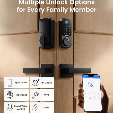 DESLOC B200 Fingerprint Smart Lock with 2 Lever Handles, Keyless Entry Deadbolt with App, Code & Key, IP54