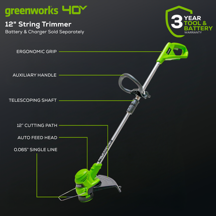 Greenworks 40V 12" String Trimmer, 2 Ah battery and charger - STF309