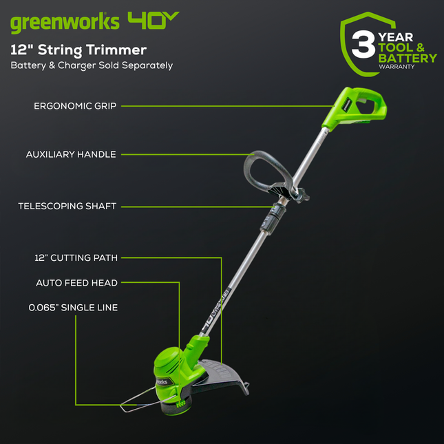 Greenworks 40V 12" String Trimmer, 2 Ah battery and charger - STF309