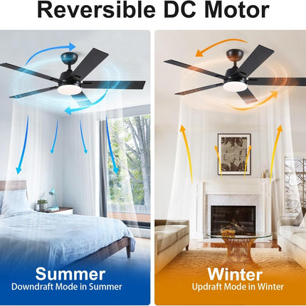 52 Inch Ceiling Fans with Lights and Remote, Black Ceiling Fan with 5 Blades, 6