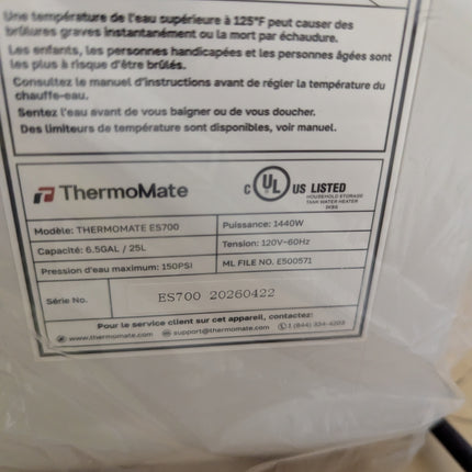 ThermoMate Mini Tank Electric Water Heater ES700 Hard Wired 6.5 Gallons Point of