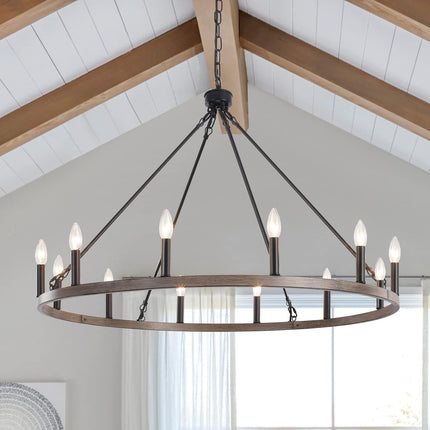 ZJVAIVE 12-Light Black Wagon Wheel Chandelier, 38'' Rustic Farmhouse Chandelier