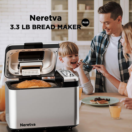 Neretva Bread Maker, 3.3LB Larger Bread Machine 15-in-1 Stainless Steel & Nonsti
