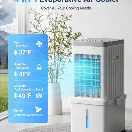Mobile Evaporative Cooling Unit with 12L Water Tank, Quiet 35dB Air Cooler, 120°