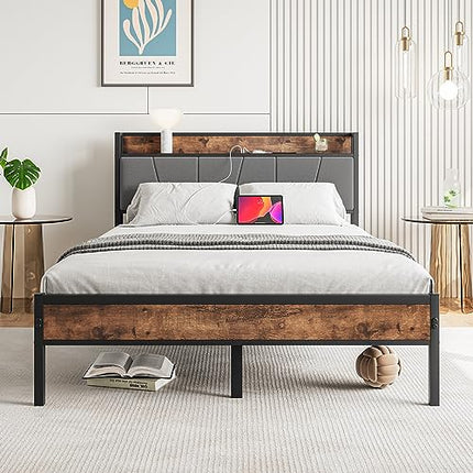 BOFENG Full Size Bed Frame with Upholstered Storage Headboard,USB Charging Stati