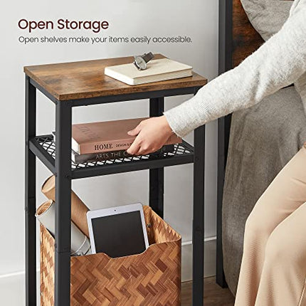 VASAGLE Tall Side Table, Telephone Table, End Table with 2 Mesh Shelves，Rustic B