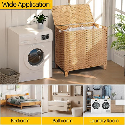 214 L Wicker Laundry Hamper with Lid 3 Section, Extra Large HandWoven Synthetic