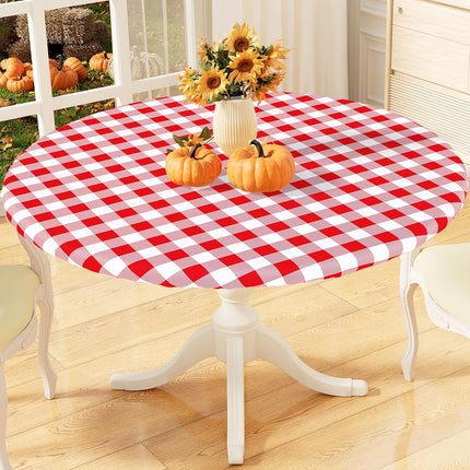 misaya Round Fitted Tablecloth with Elastic Edge, Buffalo Plaid Waterproof Vinyl