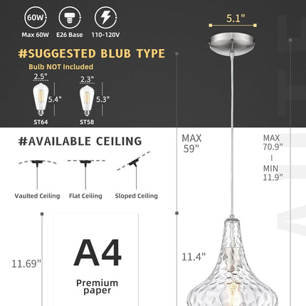 AUTELO Glass Kitchen Pendant Lights Pendant Light Fixture with Hammered Glass Ha