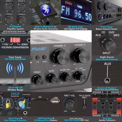 Pyle 500W Karaoke Wireless Bluetooth Amplifier, 4-Channel Stereo Home Theater Amp with USB, SD, FM Radio & Remote, Black