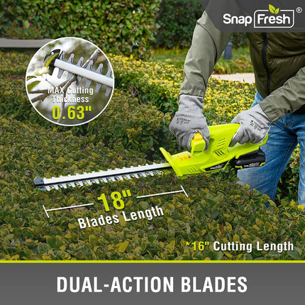 SnapFresh 20V Cordless Hedge Trimmer, 18 in Dual-Action Blades with 2.0Ah Battery & Fast Charger, 4 lb
