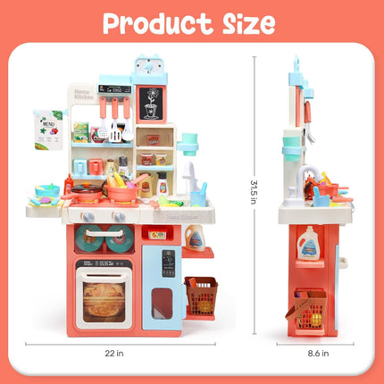 CUTE STONE Pretend Play Kitchen with Water Sink & Steam Stove, 63 Pieces with Light & Sound (No Instructions)