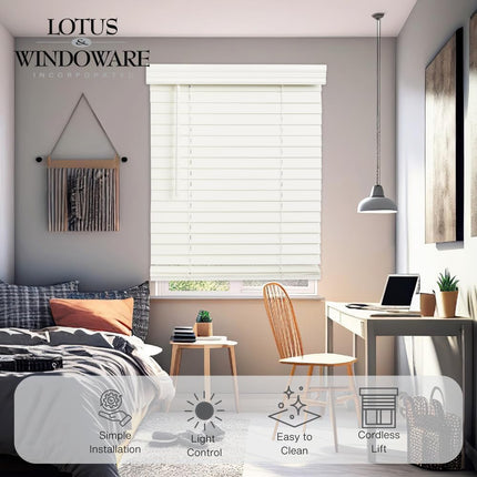 LOTUS & WINDOWARE Cordless 2-inchFaux Wood Blind 27" Wide x 36" Long,(Soft White