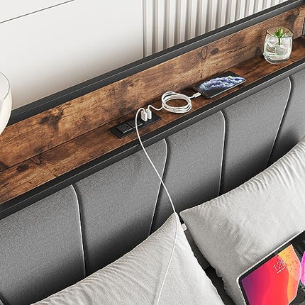 BOFENG Full Size Bed Frame with Upholstered Storage Headboard,USB Charging Stati