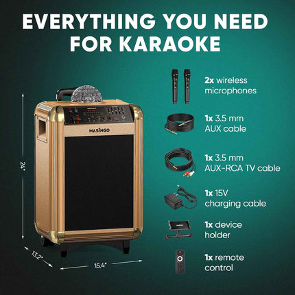 MASINGO Karaoke Machine for Adults and Kids with 2 Bluetooth Wireless Microphone