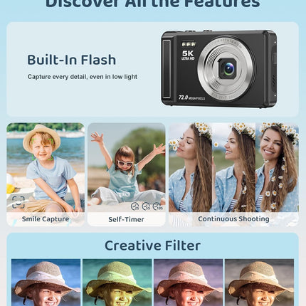 5K Digital Camera - Point and Shoot Small Digital Cameras - 72MP UHD Autofocus C