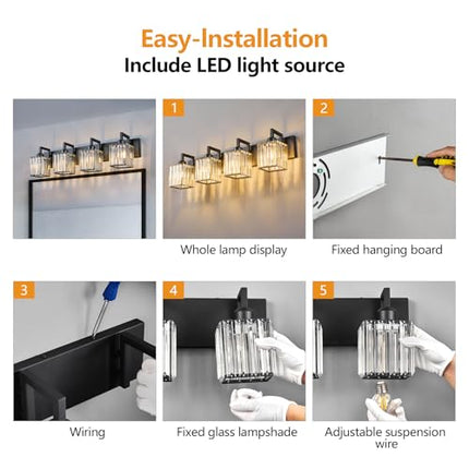 Black Bathroom Light Fixture, 4-Light Crystal Vanity Lighting, Bathroom Lighting