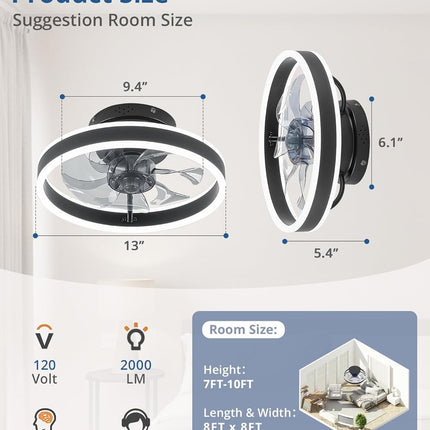 Ceiling Fans with Lights and Remote, 19.7'' Low Profile Ceiling Fans, 3000-6000K